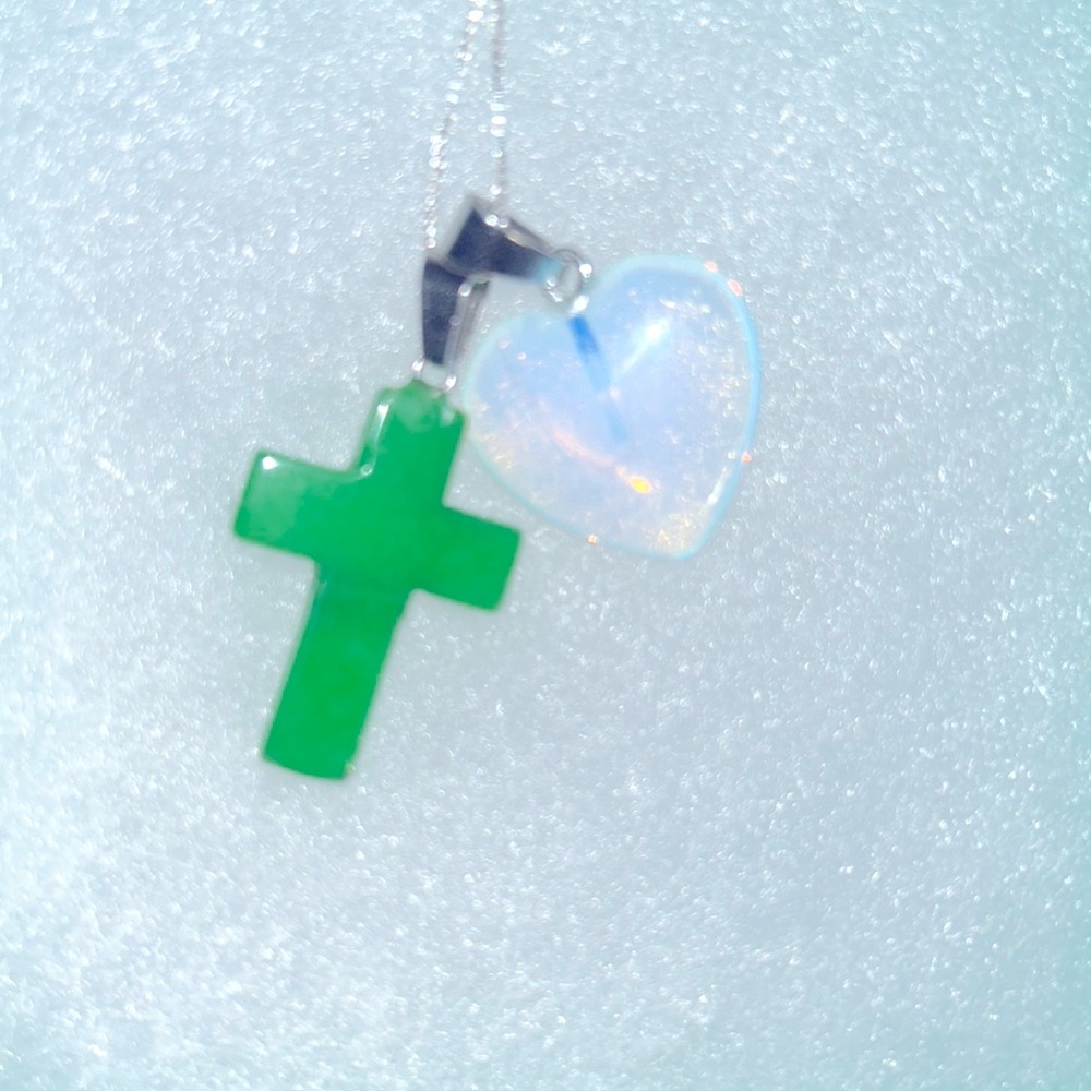 Jade Cross and Opal Heart Sterling Silver 16” Necklace